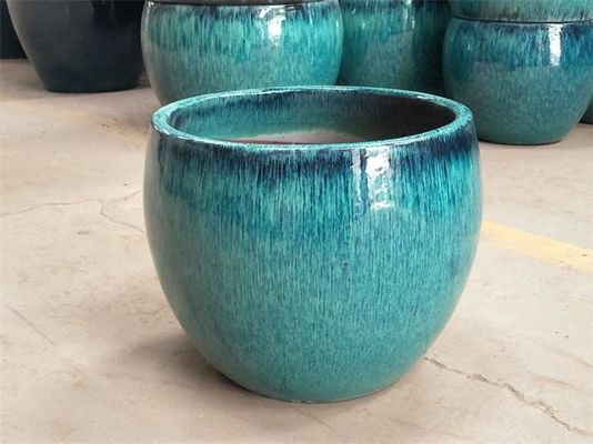 円形の艶をかけられた花の緑植物の青い陶磁器の屋外の鍋
